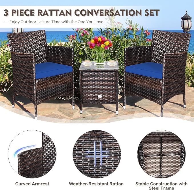 DORTALA Wicker Patio Furniture Set 3 Piece, Small Outdoor Table & Chairs Set with Cushions, All-Weather Rattan Conversation Bistro Set for Balcony, Porch, Backyard, Deck, Navy