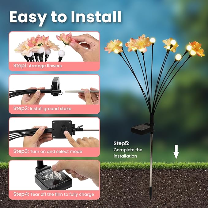 PEVOROS Solar Garden Lights, Warm White LED Swaying Solar Flowers Light for Outside, Waterproof Garden Decor, Outdoor Decorative Lights Yard, Patio, Pathway Decoration Gardening Gifts (8 Pack)