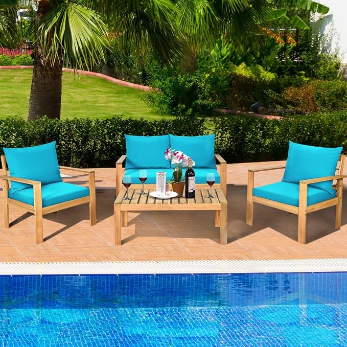 Tangkula Outdoor 4-Piece Acacia Wood Chat Set, 4 Seater Acacia Wood Conversation Sofa and Table Set with Water Resistant Cushions, Teak Finished (1, Turquoise)