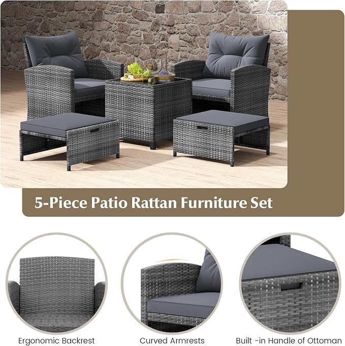 COSTWAY 5-Piece Rattan Conversation Set, Outdoor Wicker Sofa, Tempered Glass Coffee Table & Ottomans for Small Space, Boho Chic Indoor/Outdoor Furniture Set for Poolside, Backyard, Deck (Grey)
