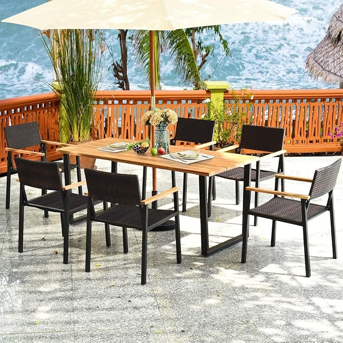 HAPPYGRILL 7 Pieces Wood Rattan Patio Dining Set, Outdoor Dining Furniture Set with Rectangle Table Wicker Chairs, Acacia Wood Tabletop with Umbrella Hole, Dining Set for Garden Backyard