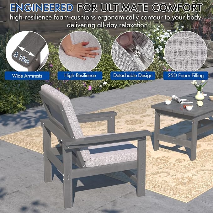 7-Piece HDPE Patio Furniture Set, All-Weather Outdoor Sectional Sofa Set w/Coffee Table+Side Table - Wood-Like Composite Conversation Couch for Deck, Lawn, Balcony - Grey Frame with Cushion