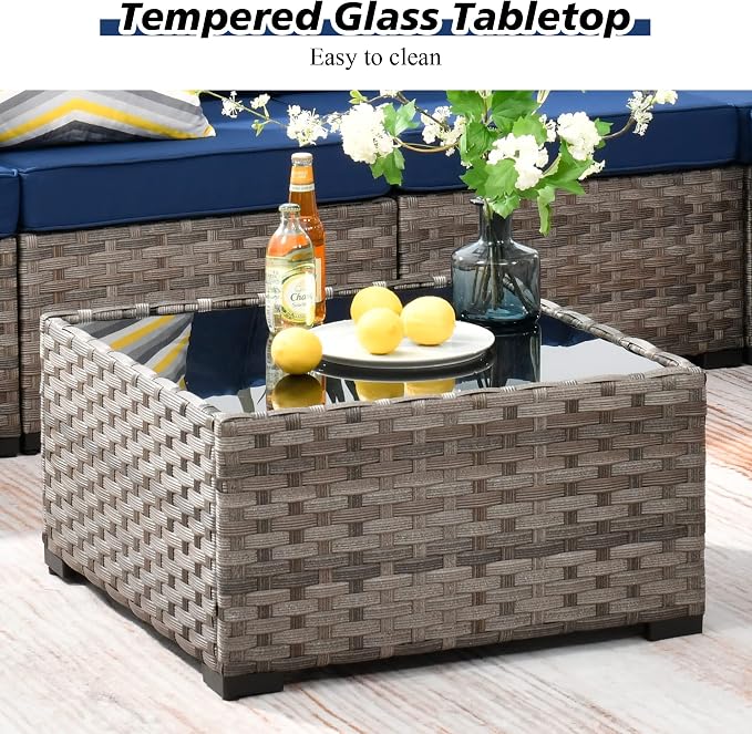 HOOOWOOO Outdoor Patio Sectional Furniture Sofa Set with Swivel Rocking Chair,8 Piece Modern Wicker Couch with Widened Armrest,Modular Conversation Seating Set for Garden(Navy Blue)