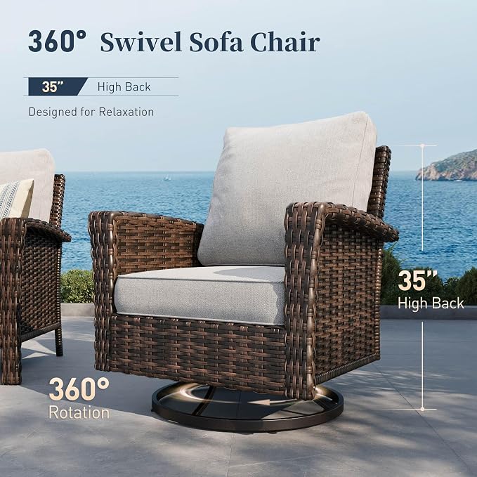 SUNSHINE VALLEY Patio Wicker Swivel Chairs Set of 2, Outdoor High Back Chairs with 5.5" Waterproof Cushions, Outdoor Furniture Set for Deck Porch and Yard, Light Grey