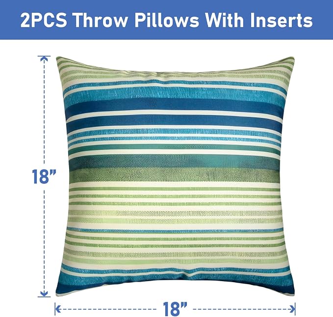 18x18 Waterproof Outdoor Pillows, Set of 2 Outdoor Throw Pillows | Patio Furniture Pillows, Fluffy Decorative Pillows, Waterproof &Fade Resistant, Removable & Washable, Stripe Blue Green