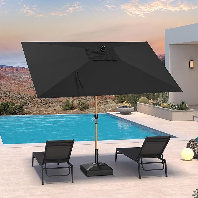 PURPLE LEAF 6' x 9' Patio Umbrella with Base Market Umbrella Rectangular Outdoor Umbrella with Push Button Tilt & Crank and 8 Ribs Aluminum Table Umbrella for Pool Backyard Beach, Black
