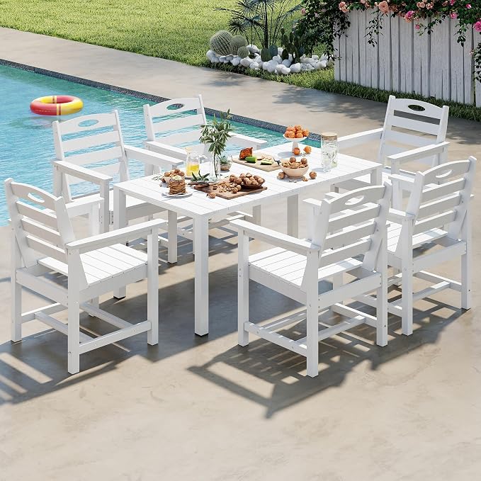 Domi HDPE Outdoor Dining Set, All-Weather 7 Piece Outdoor Dining Table Set with 2" Umbrella Hole, Outdoor Patio Dining Set for Garden, Poolside, Backyard, Deck, White
