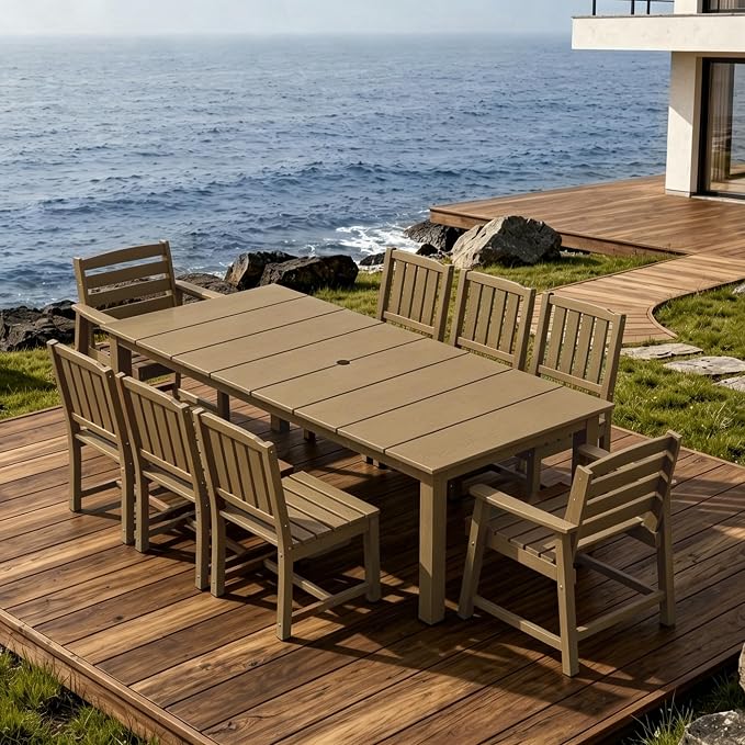 AreShark 9-Piece Outdoor Dining Set,HDPE Patio Table with 8 Chairs,All-Weather Patio Furniture Set with Umbrella Hole,Low Maintenance Wood Grain Dining Set for Backyard,Garden,Poolside,Brown