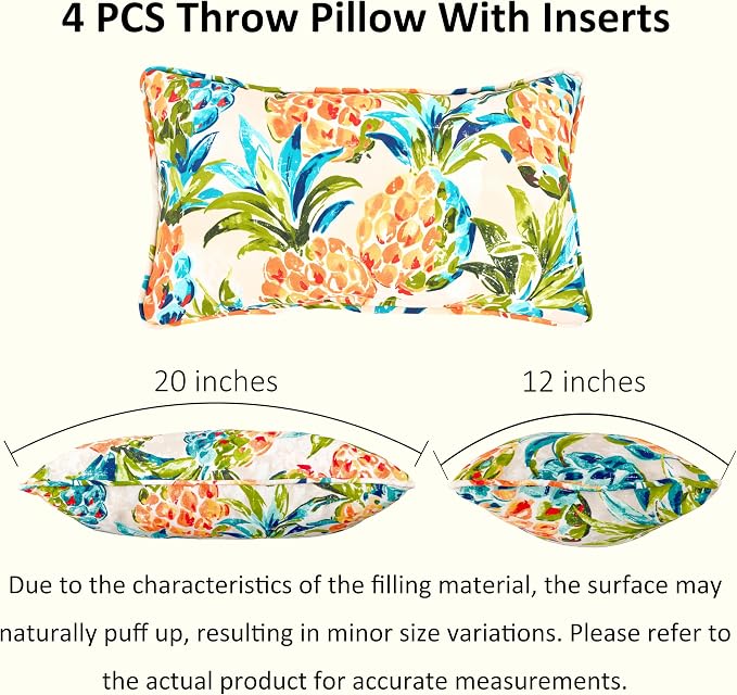 outdoor lumbar pillows 12x20 throw pillow set of 4 Fade Resistant&Water Resistant decorative lumbar pillows for Patio,Garden,Couch,Furniture,Sofa,Bed,Living Room,Tropical Tangerine Pineapple