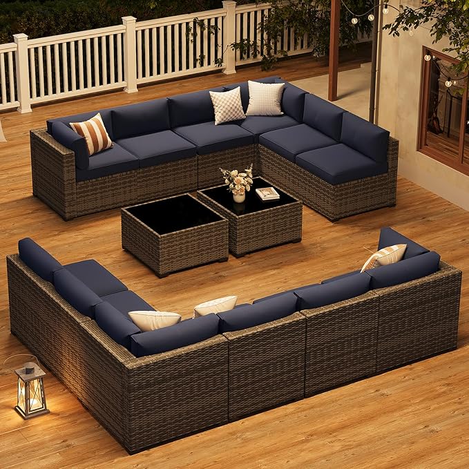 LazySunsets 14-Piece Patio Furniture Set, Wicker Rattan Outdoor Furniture with Thick Cushions, Patio Conversation Sets with Coffee Table, Outdoor Sectional Couch Sofa, Blue