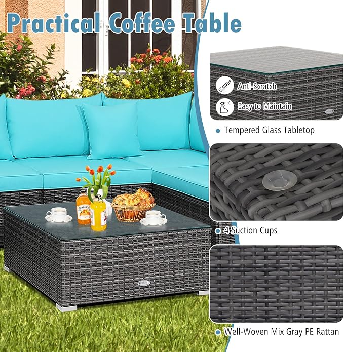 DORTALA 7 Pieces PE Rattan Patio Furniture Set, All-Weather Wicker Conversation Set W/Soft Cushions & Pillows, Coffee Table, Outdoor Sectional Sofa Set for Balcony, Poolside, Backyard, Turquoise