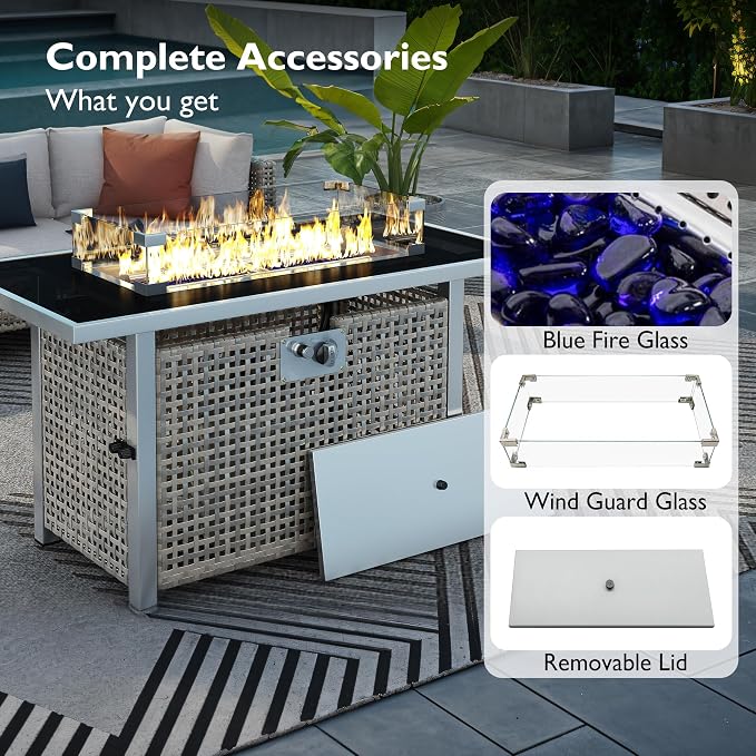 43" Propane Gas Fire Pit Table, 60000 Btu Rectangular Open Weave Wicker Fire Pit with Glass Wind Guard for Outside Patio Deck Garden Backyard - Grey