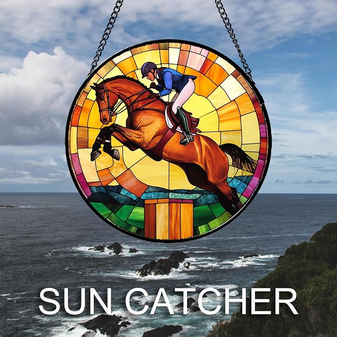 DASTOLL Stained Glass Window Hanging Equestrian Sports Large 15" - Horse Suncatcher Door Garden Sunroom Sun Catcher Home Decor Birthday Christmas for Mom Men Woman Nana