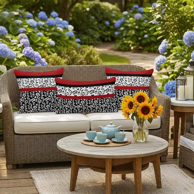 Black Red Outdoor Pillow Covers 20x20 Inch Throw Pillow Covers Set of 2 Waterproof Decorative Pillow Cases Garden Floral Stripe Aesthetic Flower Boho Cushion Covers for Patio Furniture Garden Couch