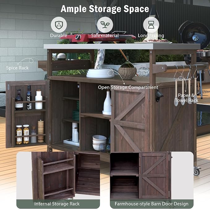 Outdoor Deck Box Storage Cabinet with Stainless Steel Countertop, 50 Inch Solid Wood Patio Storage Box on Wheels for Garden Tools, Grill Prep, and Pool Accessories, Dark Brown