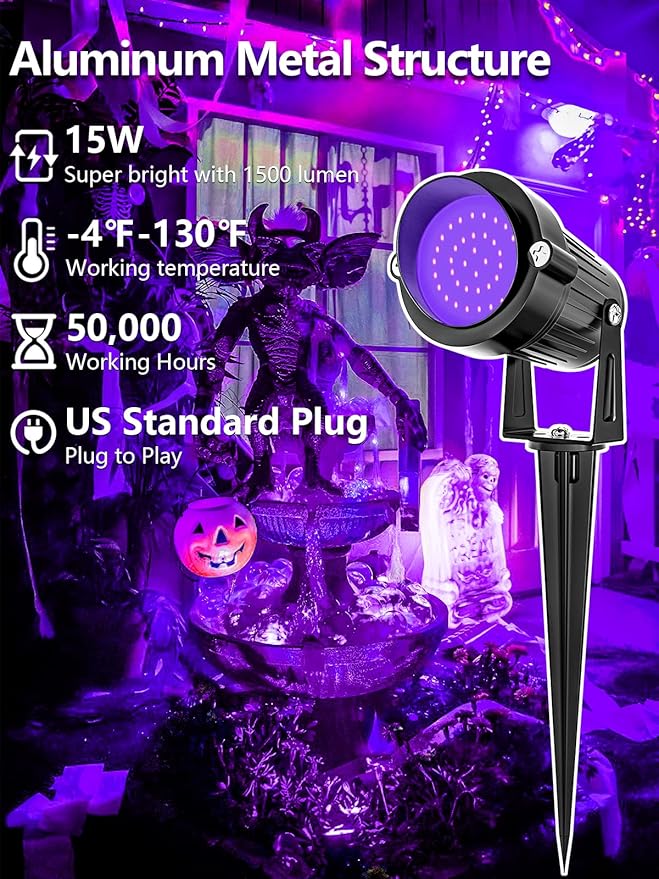 ZUCKEO Outdoor Blacklight Spotlight LED Spot Black Light with US Plug, 15W IP66 Landscape Black Lights Fixtures for Glow Party Body Paint Fluorescent Poster Yard Garden House Decorating(4Pack)