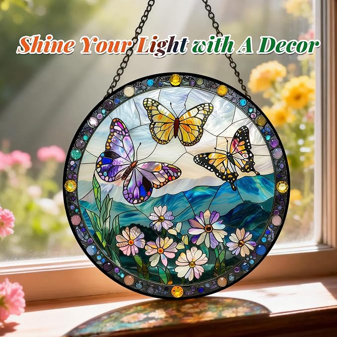 Stained Glass Butterfly Suncatcher Window Hanging Birthday Gifts for Women | 6.3in Garden Sun Catcher, Butterflies Wildflowers Home Decor, Memory Gift for Mom Grandma & Mother's Day, Christmas Ornament