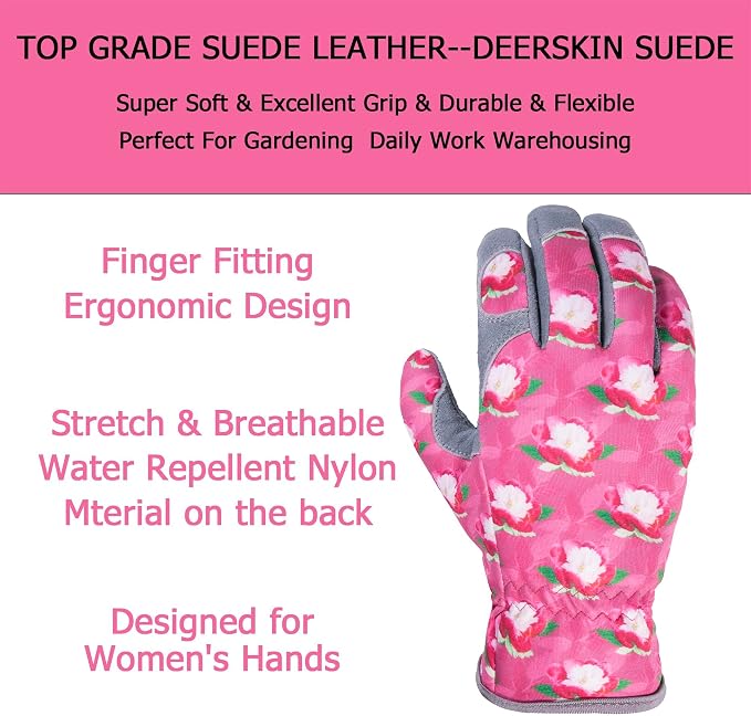 SKYDEER Premium Genuine Deerskin Suede Women's Gardening Gloves, Ultra-Soft Padded, Comfort Fit for Work (SD6612/M)