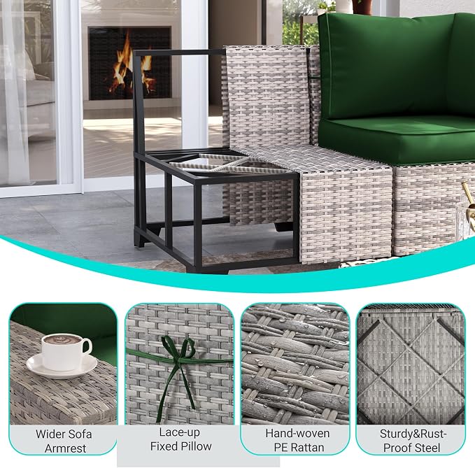 9-Piece Outdoor Patio Furniture Set with Rocking Swivel Chair Wicker Sectional Sofa Set, Patio Conversation Set with Thickened Cushions & Coffee Table for Garden, Backyard, Green