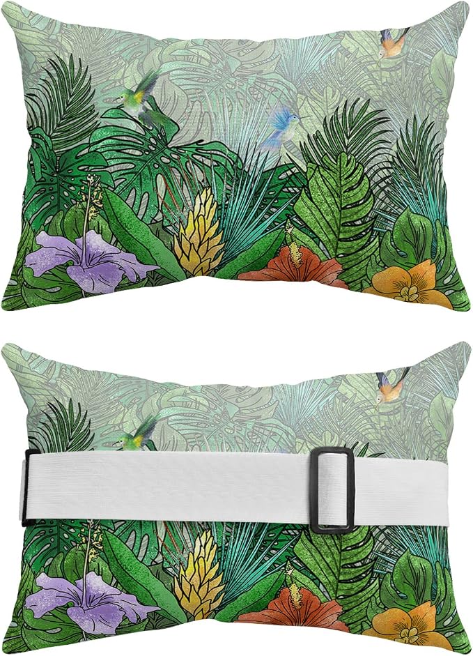Outdoor Pillows Covers with Inserts Summer Flower Hummingbird Palm Plants Green Waterproof Recliner Pillow with Adjustable Strap Throw Pillows for Patio Furniture Pool Lounge Chair, 11x16 inch, 2PCS
