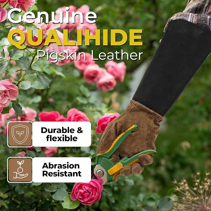 HANDLANDY Long Gardening Gloves for Men & Women, Pigskin Leather Rose Pruning Gloves, Breathable Thorn Proof Gauntlet Glove (Coffee Brown, S)