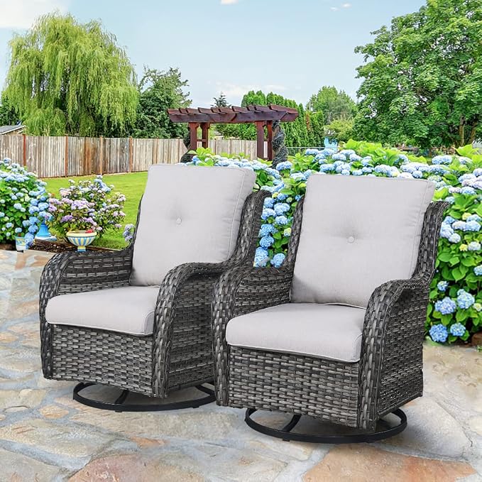 HUMMUH Outdoor Swivel Rocker Wicker Patio Chairs High Back PE Rattan Glider Chairs 4PCS Patio Furniture Set(Grey,Beige)