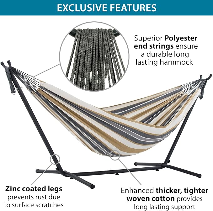 Vivere Double Cotton Hammock with Space Saving Steel Stand, Upgraded Polyester End Strings 450 lb Capacity - Premium Carry Bag Included (Desert Moon)