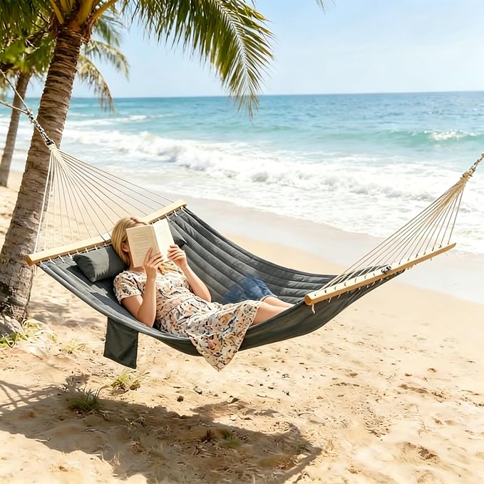 2-Person Tree Hammock Outdoor, Portable Double Hammock Without Stand, Detachable Headrest Magazine Pocket, 450 lbs Capacity, Camping Patio Backyard Indoor Outdoor Hammock Bed (Gray)