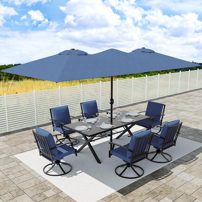8 PCS Outdoor Patio Dining Set with 13.6ft Double-Sided Patio Umbrella,Patio Table and Chairs Metal Outdoor Patio Furniture Set,Dining Table Set with 6 Swivel Chairs,Navy Blue