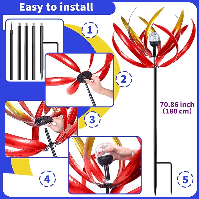 70 in Large Wind Spinners Outdoor, Solar Wind Sculpture, Red | Metal Windmill with Solar Multi-Color Light, All Weather Decor , Ideal Yard Art for Garden, Backyard, Lawn & Outdoor Decor