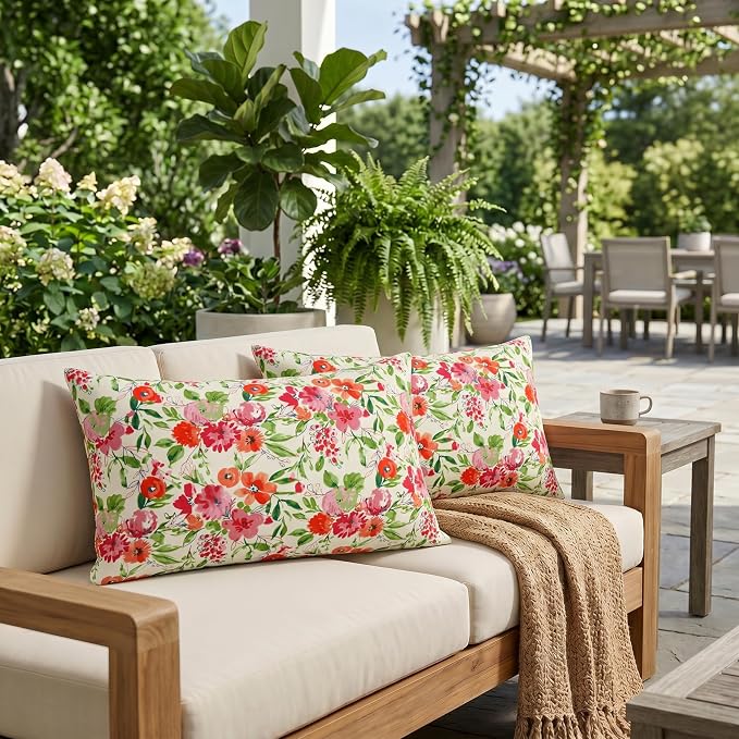 RSH DECOR: Lumbar Jumbo Throw Pillows Set of 2 | 26” x 16" | All-Weather Spun Fabric | Outdoor Support Pillows for Patio Furniture | Made in USA (Bettina Garden)