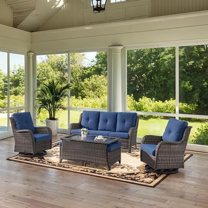 Belord Wicker Outdoor Furniture Patio Furniture Set - 6 Piece Patio Conversation Set with Swivel Rocker Chairs, Rattan Sofa, Ottomans and Coffee Table, Blue Cushion