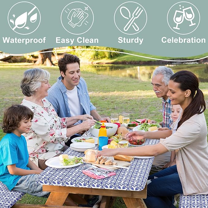 misaya Picnic Table Cover with Bench Cover, Waterproof Elastic Fitted Tablecloth for 5 Foot Tables, Rectangle Washable Polyester Tablecloths for Picnic, Camping, Outdoor (Blue, 30" x 60")