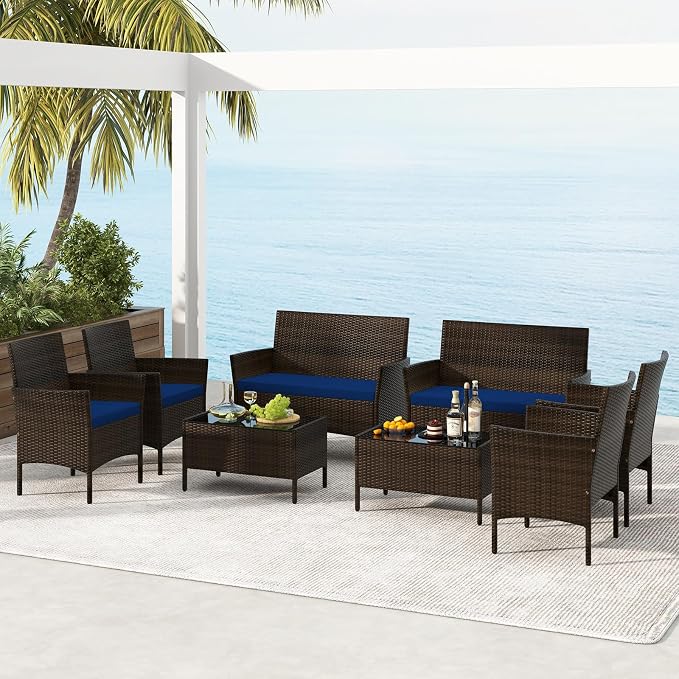 Tangkula 8 Piece Patio Rattan Conversation Set, Outdoor Wicker Furniture Set with Chair, Loveseat & Tempered Glass Table, Cozy Seat Cushions, Outside Sectional Sofa Set for Backyard, Porch