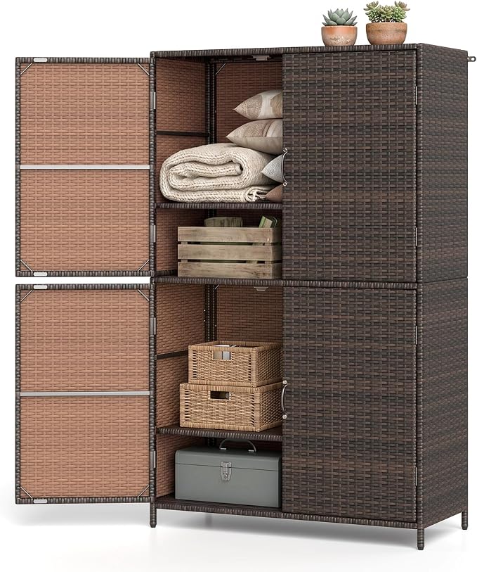 Tangkula Rattan Outdoor Storage Cabinet with 2 Adjustable Shelves | Patiojoy Outdoor Cabinet with Adjustable Shelves, 4 Doors, Patio Storage Deck Box Table for Patio Garden Poolside, Mix Brown