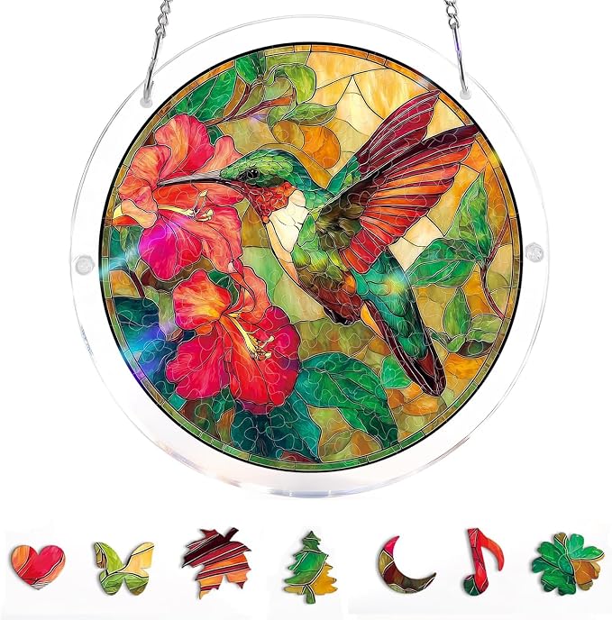 Acrylic Jigsaw Puzzle Suncatcher-Violet Garden Grace, Stained Glass Window Hanging, Home Decor Creative Mom Gifts, Birthday Gifts for Women,Wife, Sisters, Aunt, Besties 7.4in (Hummingbird)