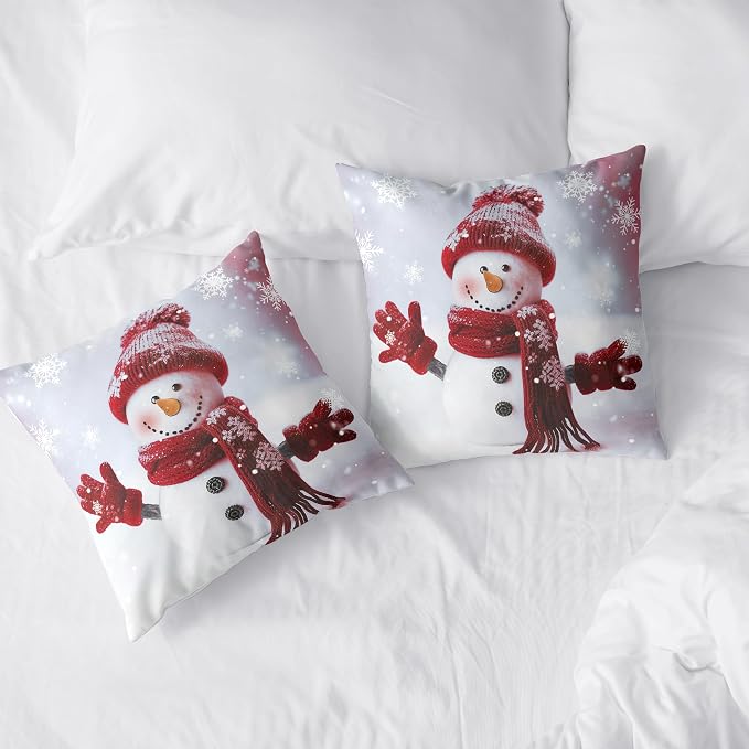 Snowman Pillow Covers 16x16 Set of 2 Christmas Winter Holiday Throw Pillow Covers Red Snowman with Snowflake Cushion Case for Couch Living Room Bedroom Sofa