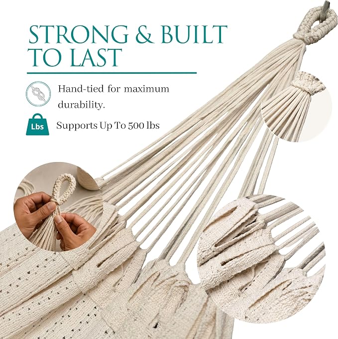 Double Hammock for 2 Person, 500 lbs Capacity – Handwoven Mexican Hammock, 100% Soft Cotton – 12 ft Mayan Hammock for Patio, Backyard, Indoor & Camping – Large, Beige