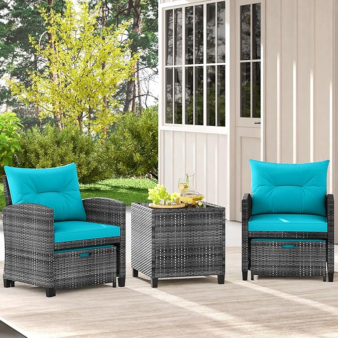 Tangkula 5 Pieces Patio Conversation Set, PE Wicker Rattan Outdoor Furniture Set with 2 Chairs, 2 Ottomans & Tempered Glass Coffee Table, Ideal for Poolside, Backyard, Lawn, Deck, Mix Grey & Turquoise