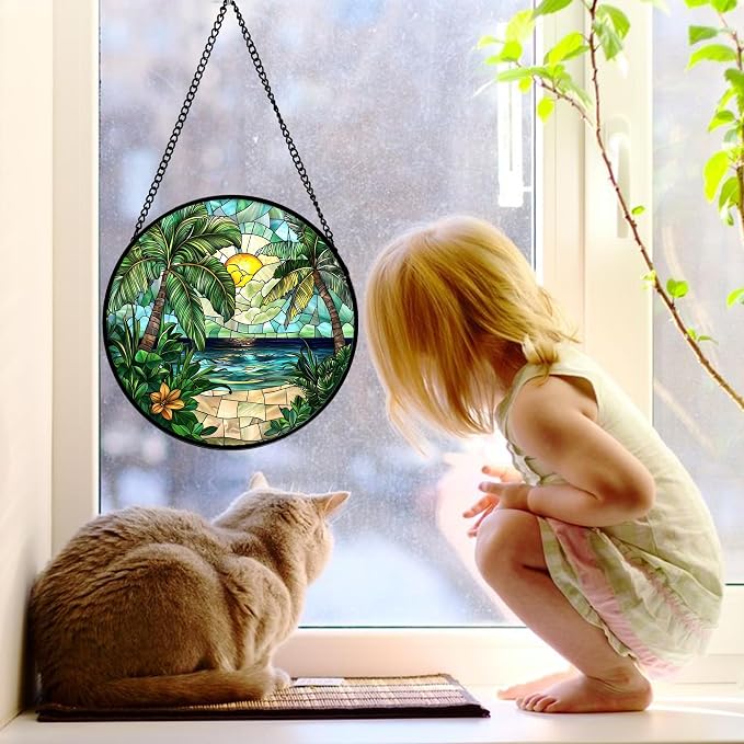 DASTOLL Stained Glass Window Hanging, Green Beach Scenery Suncatcher Diamond Glass Panel Hangings Sun Catchers Decor for Birthday for Women, Men, Wife, Aunt, and Mom 7.8 in