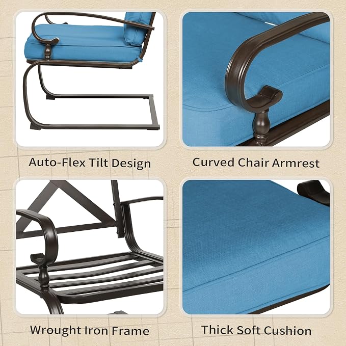Oakcloud 5Pcs Metal Outdoor Furniture Patio Conversation Set (Loveseat, Coffee Table and Bistro Table, 2 Spring Chair) -Wrought Iron Patio Chair Set with Cushions (Blue)