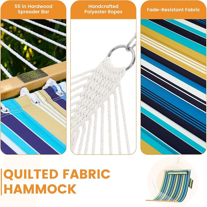 Lazy Daze Hammocks 10.5FT 2 Person Double Quilted Fabric Hammock with Spreader Bar, Detachable Pillow, Side Pocket, Carabiners, Chains, Straps for Outdoor, 450lbs Capacity, Beach Stripes