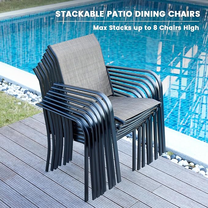 VICLLAX Round Outdoor Dining Set, Patio Table and Chairs Set Set of 10 Patio Stackable Chairs and 63" Outdoor Round Table with Umbrella Hole for Backyard Lawn Garden, Brown Chairs and Black Table