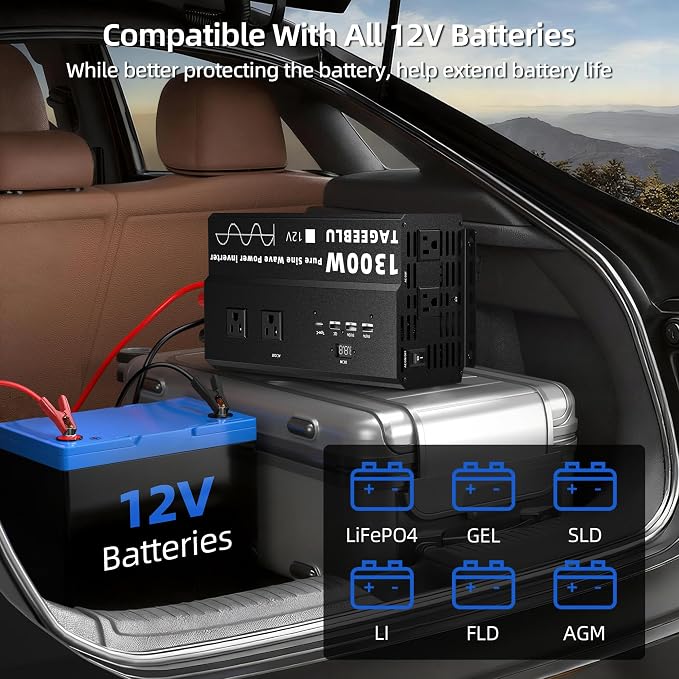 Pure Sine Wave Inverter [1300W] - 2600W Surge, 12V DC to 110V AC Heavy Duty Power Inverter for RV, Truck, Home, Solar, Off-Grid, Outdoor, Car Converter with 4 AC Outlet & 4 USB (30W QC & PD)