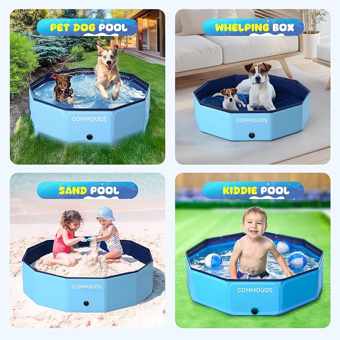 COMMOUDS Foldable Dog Pool, Hard Plastic Dog Kiddie Swimming Pool, Collapsible Pet Bath Tub Wading Pools for Kids and Puppy Small Medium Large Dogs (48inch.D x 12inch.H)