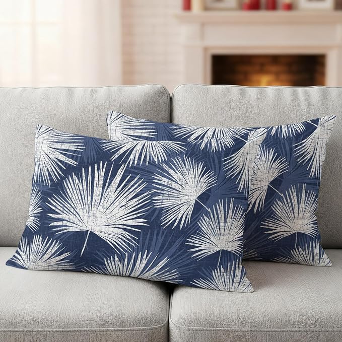 Lumbar Pillow Covers 20x12 Inch Set of 2, Navy Blue Palm Leaves Coastal Waterproof Outdoor Pillow Covers, Summer Tropical Botanical Decorative Cushion Pillowcases for Couch, Sofa, Bed, Garden, Patio