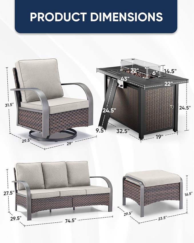 HUMMUH Patio Conversation Sets with Fire Pit-All Weather Wicker Outdoor Swivel Chair with Patio Couch Outdoor Patio Furniture for Deck Porch Garden Poolside Backyard-Brown/Beige