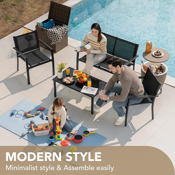 Devoko Outdoor Furniture Set 4 Piece Patio Conversation Sets Porch Furniture with Lawn Chairs & Glass Coffee Table for Garden Poolside (Black)