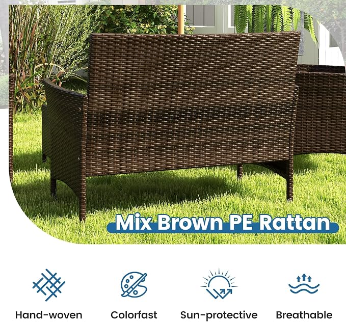 RELAX4LIFE 8-Piece Patio Furniture Set - Rattan Outdoor Conversation Bistro Set w/Cushions, Glass Coffee Table, Wicker Chairs & Loveseat for Garden Backyard Porch, Balcony Furniture Set (2, Peacock)