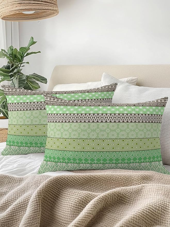 Waterproof Outdoor Pillow Set of 2 Green Bohemian Decorative Throw Pillows Cover & Insert 20x12 Inch Lumbar Pillowcase Boho Style Floral Leaves Geometric Pillows for Couch Sofa Bed Patio Furniture